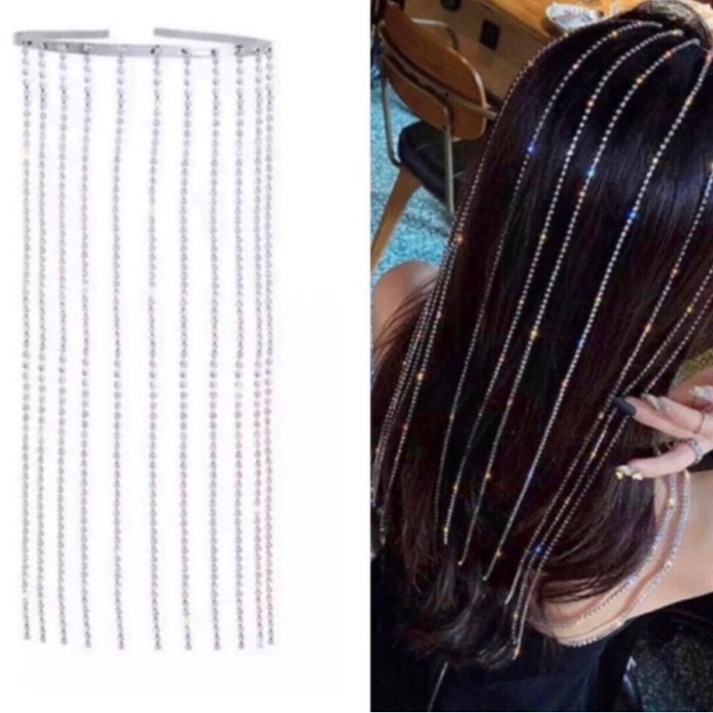 Silver Crystal Fringe Hair Chains - Sparkling Hair Drapes